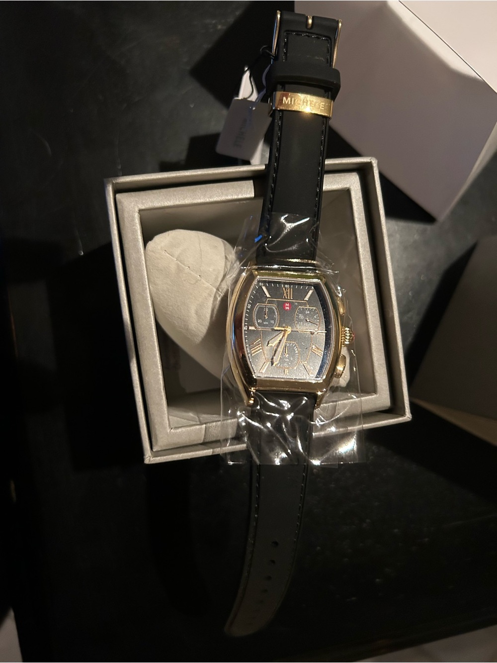 Michele Gold Case Black Dial Chronograph Watch with Black Strap - Picture 6 of 8